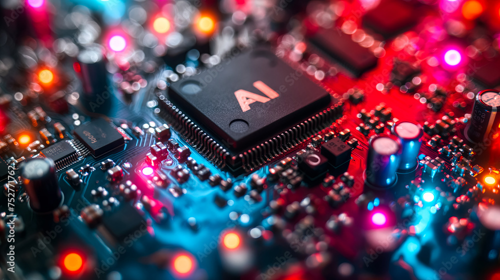 Poster advanced computer processor chip with ai acceleration in dark digital environment.