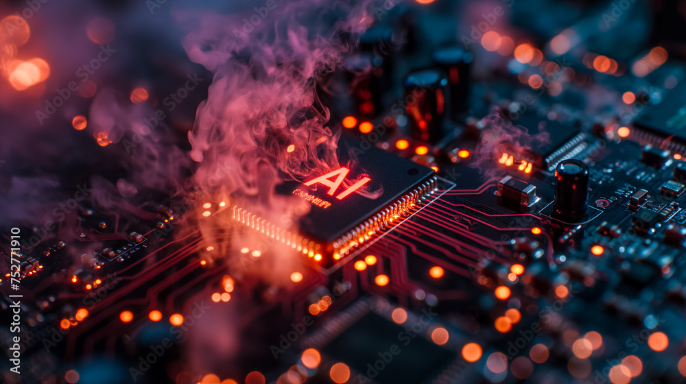 Poster advanced computer processor chip with ai acceleration is burning in dark digital environment.