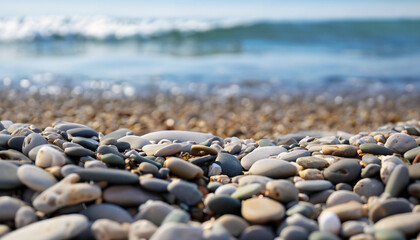 Fototapeta na wymiar Pebbles on the beach with blurred sea water on a background.