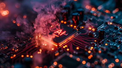 Fototapeta na wymiar Advanced computer processor chip with AI acceleration is burning in dark digital environment.