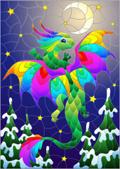 A stained glass illustration with a dragon, the symbol of the year according to the calendar, on a night starry sky background