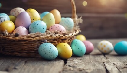 View of Happy easter Easter painted eggs in the basket on wooden rustic table for your decoration