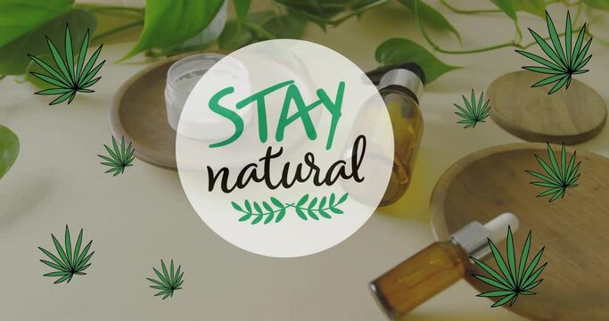 Animation of stay natural text and leaves over organic beauty cream and bottled oils