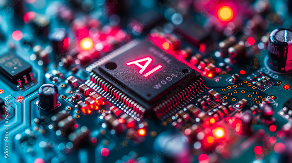 Poster advanced computer processor chip with ai acceleration in dark digital environment.