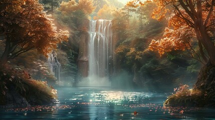 Fall Foliage Falls A Waterfall's Reflection in the Month of October Generative AI