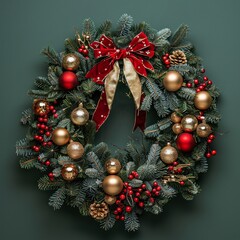 Fototapeta premium Holiday Haven Festive Christmas Wreath with Gold, Red, and Green Decorations Generative AI