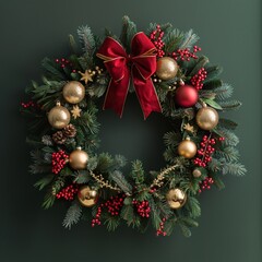 Fototapeta na wymiar Holiday Haven Festive Christmas Wreath with Gold, Red, and Green Decorations Generative AI