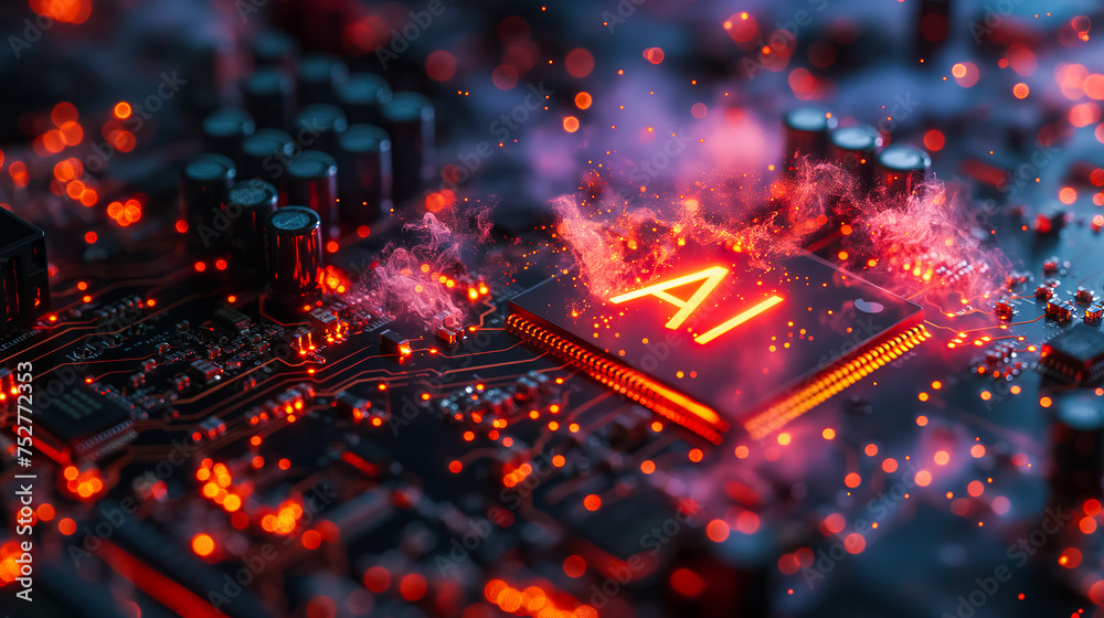 Poster advanced computer processor chip with ai acceleration is burning in dark digital environment.