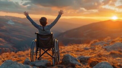 Woman in Wheelchair Celebrates Sunset in the Mountains, This image is perfect for promoting diversity and inclusion in outdoor activities, and can be
