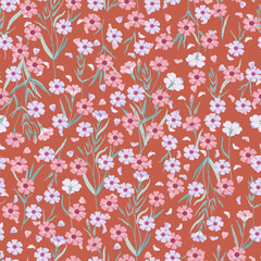 Cute floral pattern. Seamless vector texture. An elegant template for fashionable prints. Print with purple and pink flowers on a dark coral background.