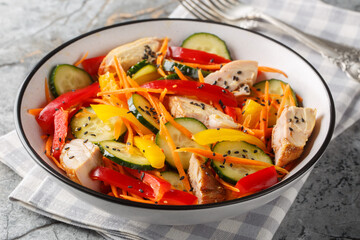 Vitamin salad with baked chicken, fresh cucumbers, bell peppers, carrots and sesame seeds close-up...