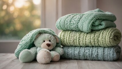 A soothing arrangement of soft green knitted blankets with a plush teddy bear for a serene ambiance