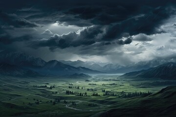 Stormy sky over the village. 3d render, a panorama of the mountains, Ai generated