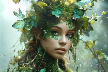 A forest fairy whose entire body is melded like a green forest, generative ai
