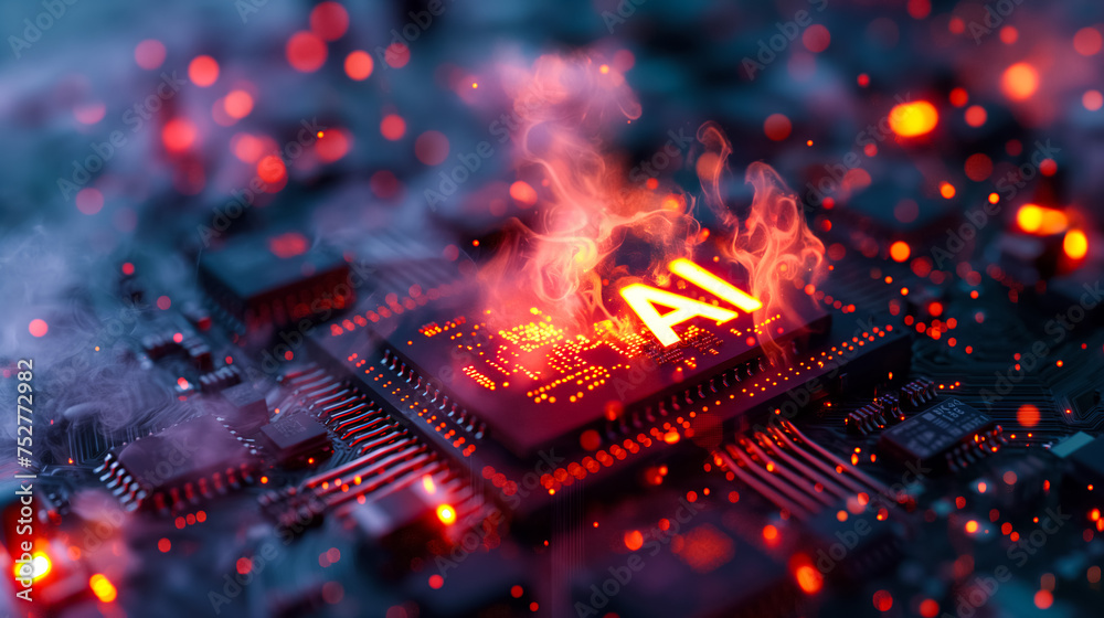Poster advanced computer processor chip with ai acceleration is burning in dark digital environment.