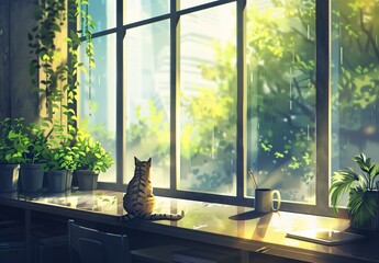 Sunny Cat Sitting on Desk in Front of Window Generative AI
