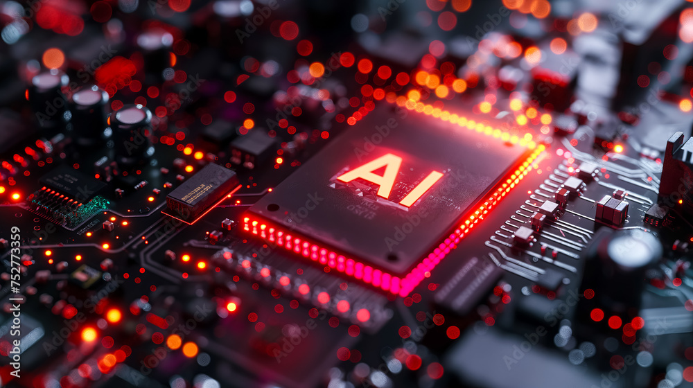 Poster advanced computer processor chip with ai acceleration in dark digital environment.
