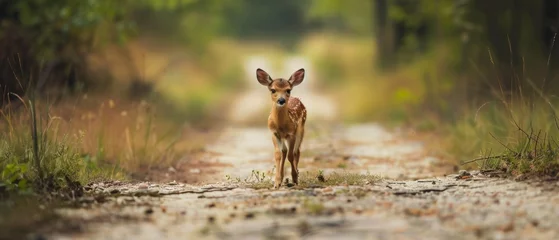 Zelfklevend Fotobehang Bosweg Young deer on a secluded forest pathway