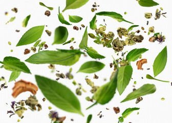 fresh herbal tea isolated over white background, trendy levitation illustration created with generative ai technology. High quality illustration