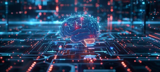 The concept of artificial intelligence is visualized with a glowing digital brain overlaying a complex circuit board. The brain pulses with light, symbolizing advanced computing
