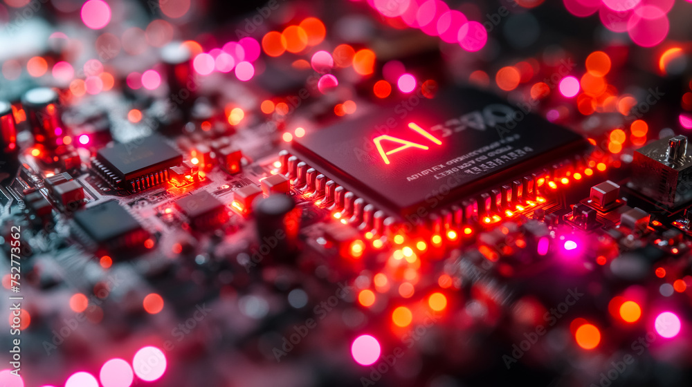 Poster advanced computer processor chip with ai acceleration in dark digital environment.