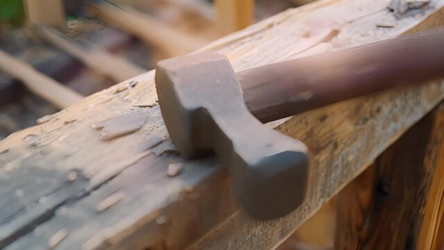 A worn and wellloved hammer marked with years of use strikes a nail with expert precision as it secures a new railing in place.