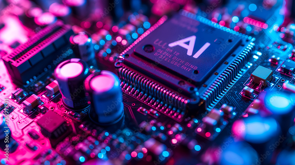 Poster advanced computer processor chip with ai acceleration in dark digital environment.