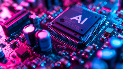 Advanced computer processor chip with AI acceleration in dark digital environment. - obrazy, fototapety, plakaty