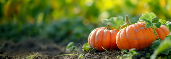 Pumpkin vegetable plant on the garden bed. Close up. Copy space for text. Blurred background. Banner slider template. - 752773737