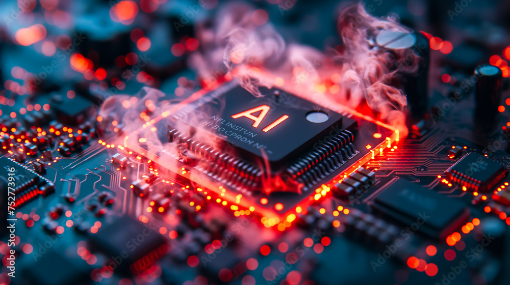 Poster advanced computer processor chip with ai acceleration is burning in dark digital environment.