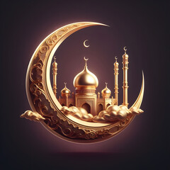 Golden crescent moon with mosque, Islamic holiday design, isolated a dark pink background, Celebrating Ramadan, Moon, and Stars