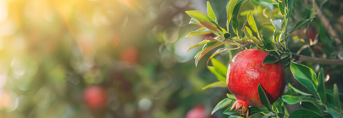 The pomegranate fruit on the tree branch. Close up. Copy space for text. Blurred background. Banner slider template. - 752773966