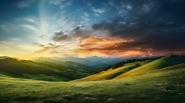 Panoramic view of a beautiful sunset on a green meadow