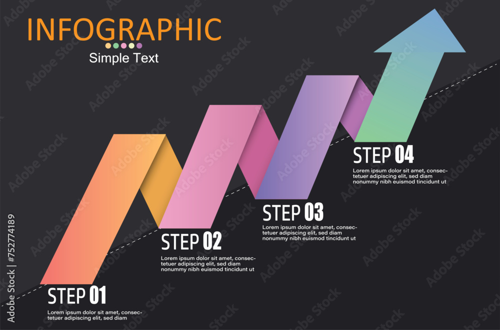Poster vector infographic showing a graph with ascending steps divided into 4 steps with an arrow pointing 