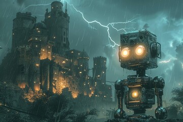 A smart factory robot caught in a lightning storm at a medieval castle offering a visual narrative of time travel or fantasy where modern technology meets ancient settings