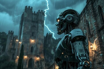 Fototapeta premium A smart factory robot standing in the courtyard of a medieval castle as a dramatic lightning storm illuminates the scene highlighting a fantastical juxtaposition of time periods and technology