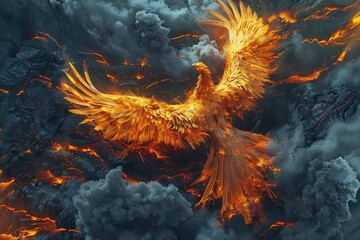 A phoenix emerging from volcanic craters amidst flowing molten lava - obrazy, fototapety, plakaty