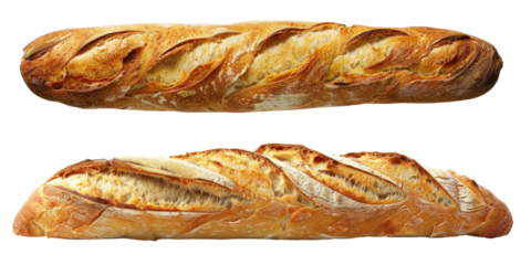 A whole crispy french baked baguette, side view and top view, transparent or white background