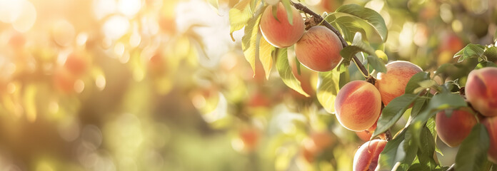 The Peaches fruit on the tree branch. Close up. Copy space for text. Blurred background. Banner slider template. - 752774320