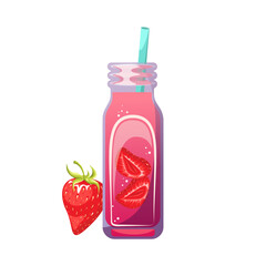 Summer juice, smoothie, cocktail. Healthy smoothie with strawberries. Organic detox juice, fresh berry smoothie. Vector illustration.
