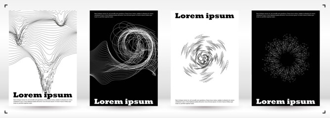 Set of Minimal Vector Brochure Design with Circles and Wave Lines. Abstract Background with Optical Illusion. Good for Brand Identity or Music Fest Invitation. Digital Cover Style.