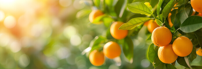 The oranges fruit on the tree branch. Close up. Copy space for text. Blurred background. Banner slider template. - 752774578