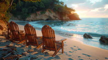Beautiful beach. Chairs on the sandy beach near the sea.