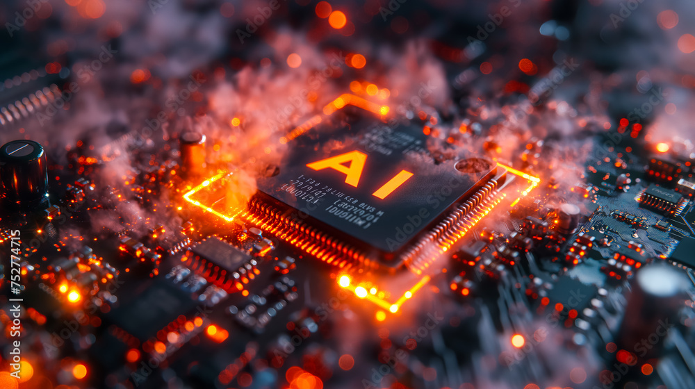 Poster advanced computer processor chip with ai acceleration is burning in dark digital environment.