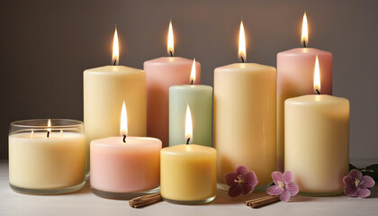 Fototapeta na wymiar Collection of aroma candles, warm aesthetic composition