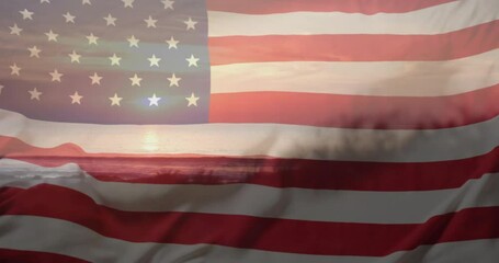 Animation of flag of usa over sunset by sea and beach in summer - Powered by Adobe