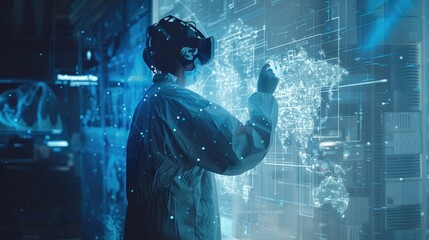 Obraz premium Doctor using digital medical futuristic interface 3D rendering medical application technology, screen demonstrates data and heart rate on digital screen, Ai generated for ads