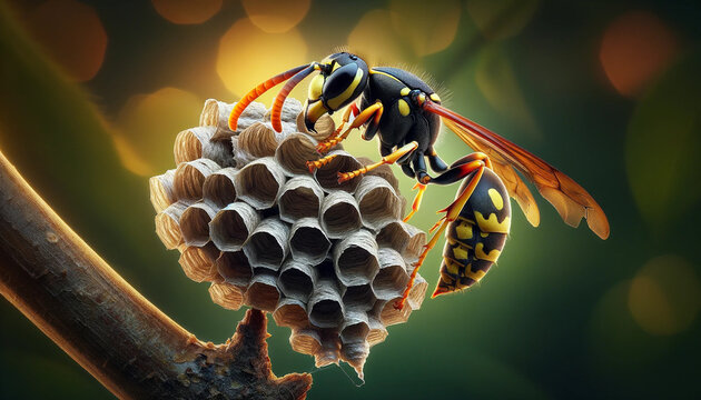 Create an extremely realistic close-up image focusing on a wasp engaging with its nest.