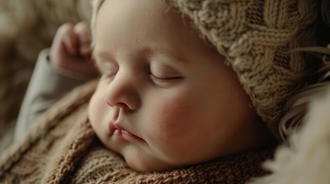 Peaceful sleeping baby wrapped in a woolen blanket and cap
