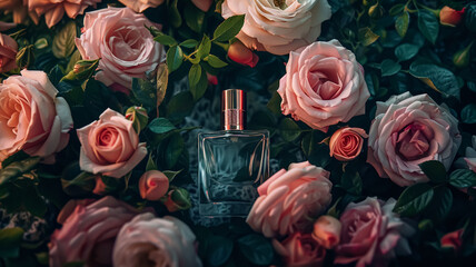 Perfume bottle in flowers, fragrance on blooming background, floral scent and cosmetic product